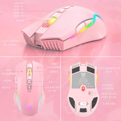 Onikuma CW905 2.4G Vezeték nélküli Gamer egér - Pink