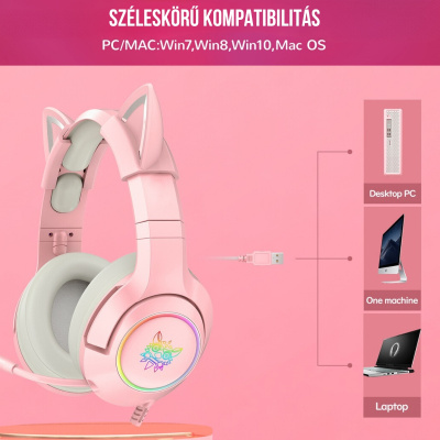 Onikuma K9 RGB USB 7.1 Virtual Gamer Fejhallgató - Pink - Cicafüles