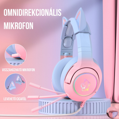 Onikuma K9 RGB USB 7.1 Virtual Gamer Fejhallgató - Pink / Kék - Cicafüles