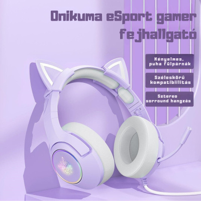 Onikuma K9 RGB Gamer Fejhallgató - Cicafüles