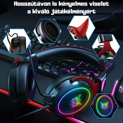 Onikuma X10 Fekete-Piros RGB Gamer Headset - Ördögszarvas