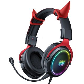 Onikuma X10 Fekete-Piros RGB Gamer Headset - Ördögszarvas, Stereo, Over-Ear, mikrofonos, cicafüles, RGB, 3.5mm jack, vezetékes