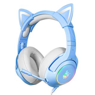 Onikuma K9 RGB Gamer Fejhallgató - Kék - Cicafüles, Stereo, Over-Ear, mikrofonos, cicafüles, RGB, 3.5mm jack, vezetékes